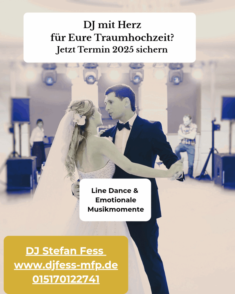 Hochzeitspaar beim Eröffnungstanz mit Werbetext: DJ mit Herz für Eure Traumhochzeit – DJ Stefan Fess